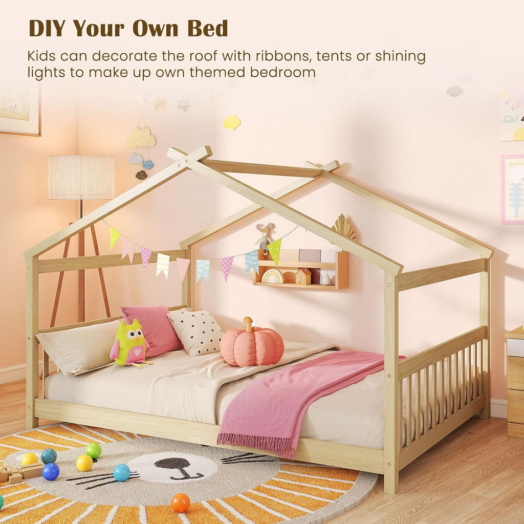 Full Size Floor Bed, Solid Wood Montessori House Bed with Roof, Headboard and Footboard, Low Full Bed Frame for Kids