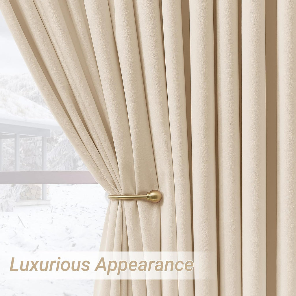 Triple Pinch Pleated Cream Velvet Curtains 90 inches Long Living Room Darkening Curtain Neutral Modern Farmhouse - Set of 2