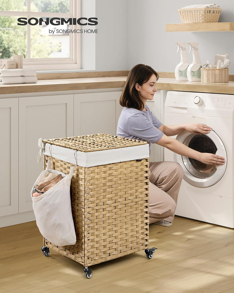 Laundry Hamper with Lid, 31.7 Gallons (120 L), Rolling Laundry Basket with Wheels, Synthetic Rattan, Removable Liner