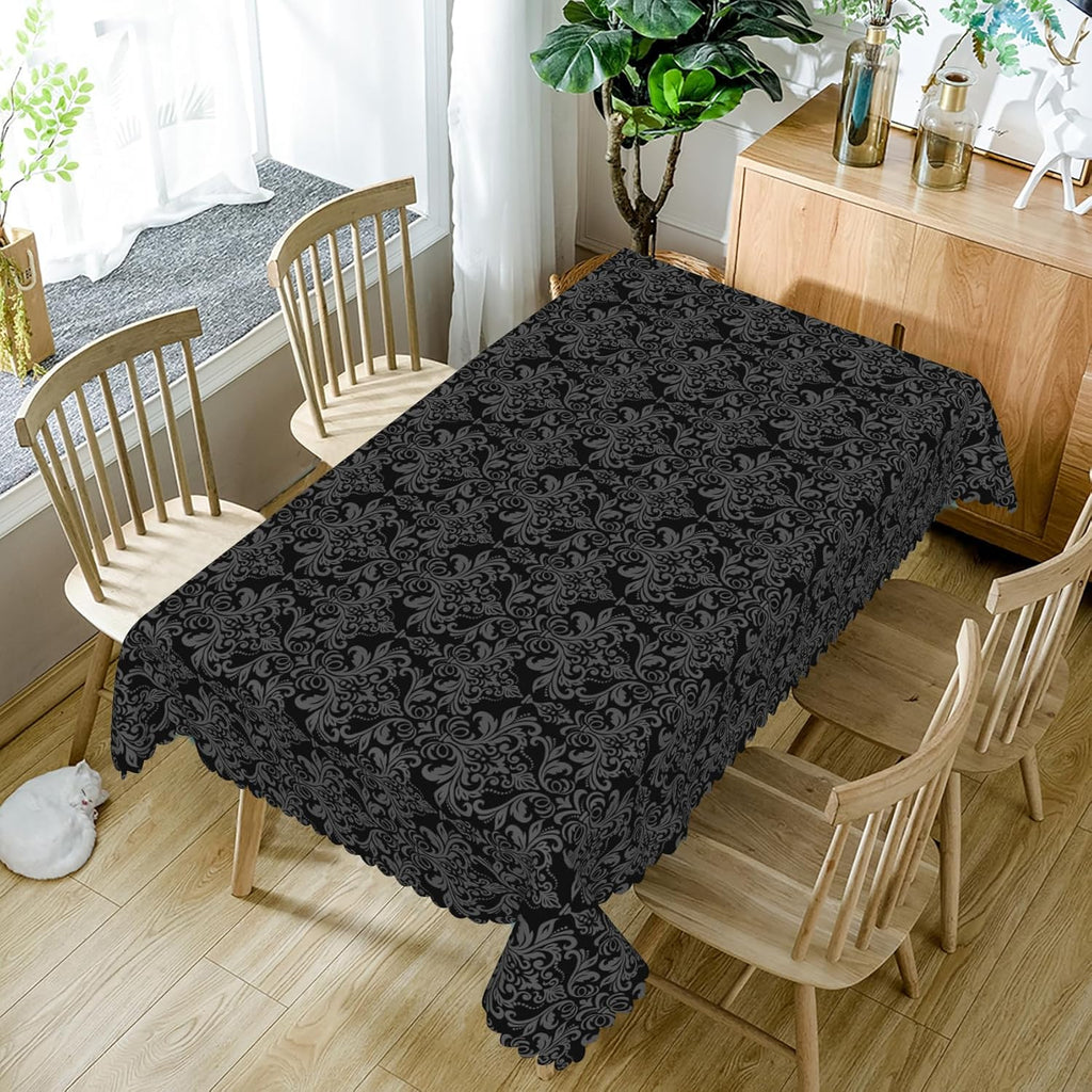 60x102inches Black Print Rectangle Tablecloth Damask Pattern Polyester Table Cloth Waterproof Wrinkl