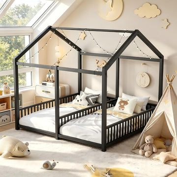 Twin Size Toddler Floor Bed,Double Bed Frames for Two Kids,Black | Montessori Floor Bed with Fence & Roof Design