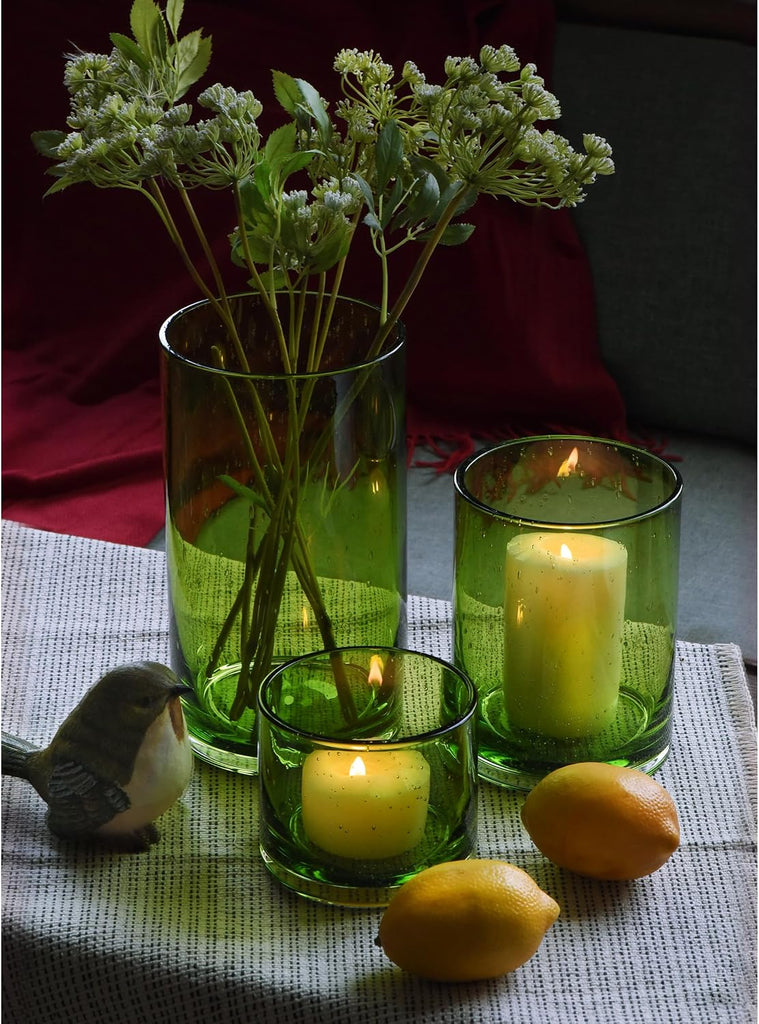 Hurricane Candle Holders Set of 3, Spring Green Glass | Seeded Bubbles, Pillar Candle Holders, Cylinder Vase
