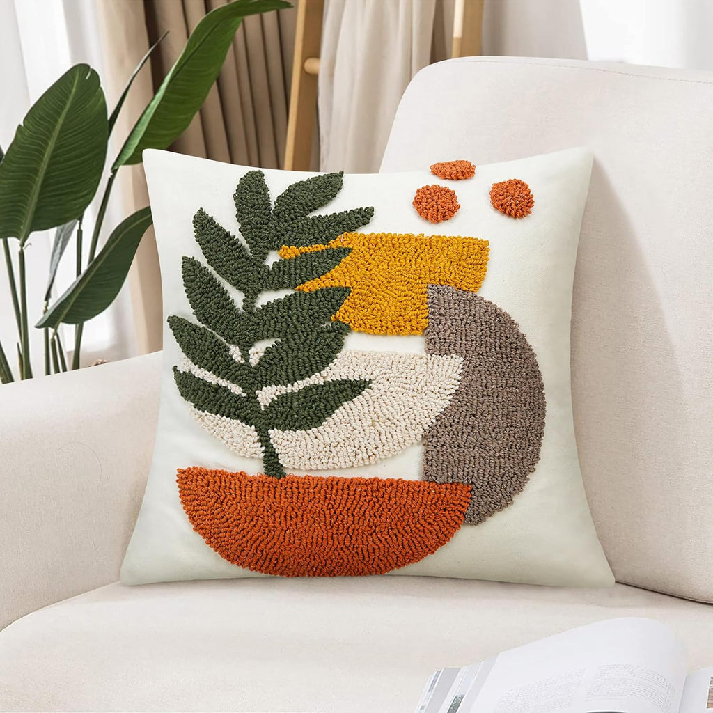 Boho Decorative Throw Pillow Covers Abstract Tufted Mid Century Modern Throw Pillows Green Leaf Sun Aesthetic