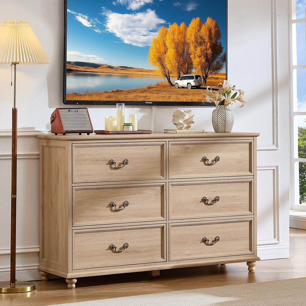 Farmhouse 6 Drawers Dresser , Vintage 54" Wide Chest of Drawers w/ 4 Wooden Legs, Rustic Large Closet Storage