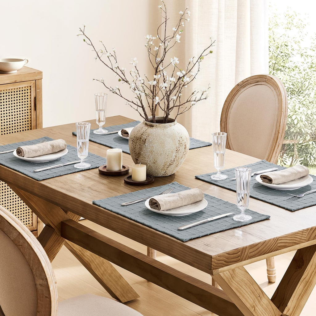 Artisanal Grid Decorative Linen Placemats Set of 6, Chambray