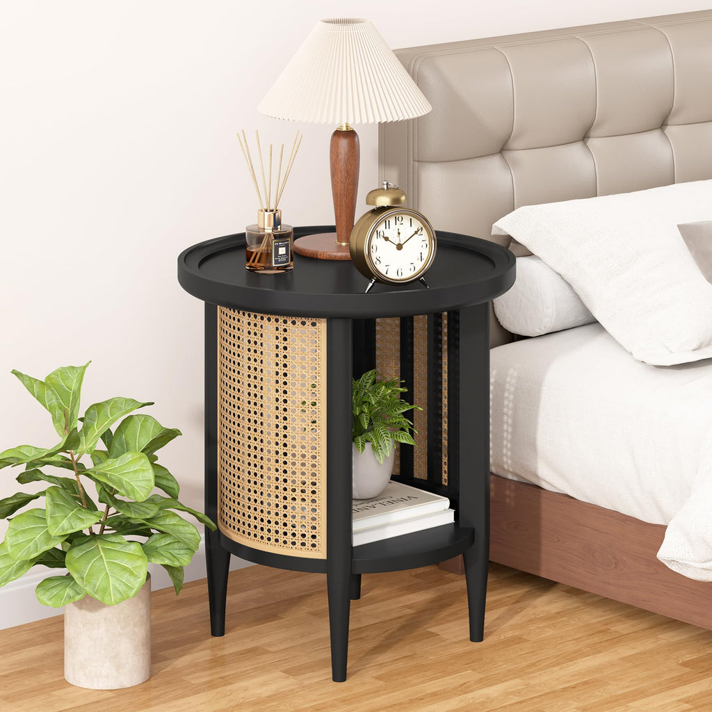 Round Rattan Style Side Table with Solid Wood Legs, Boho Style Nightstand Bedside Table with 2-Tier Shelves, Small