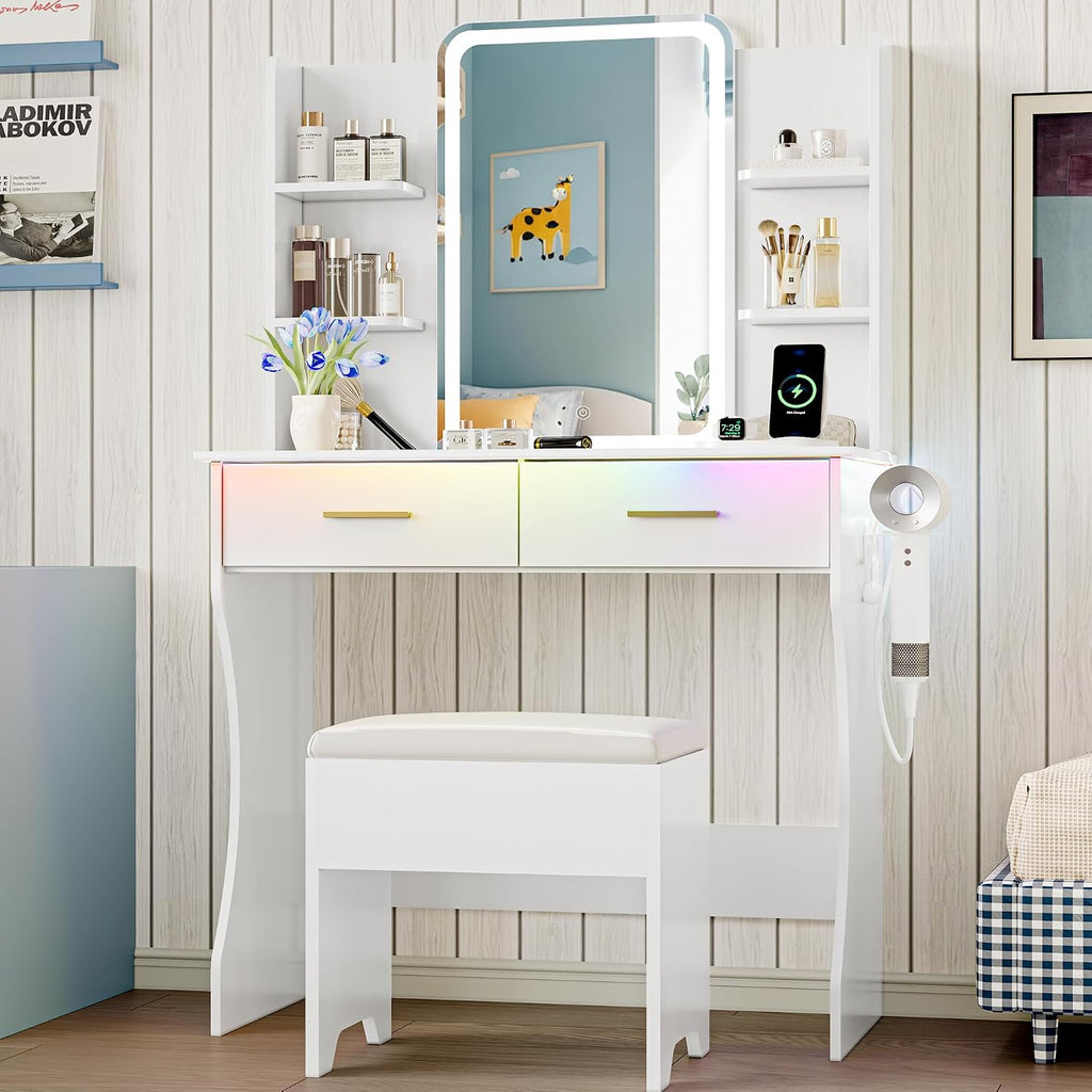 Vanity Desk with LED Lights Mirror & Power Outlet, Small Makeup Vanity Table Set with Storage Drawers & Chair, 3