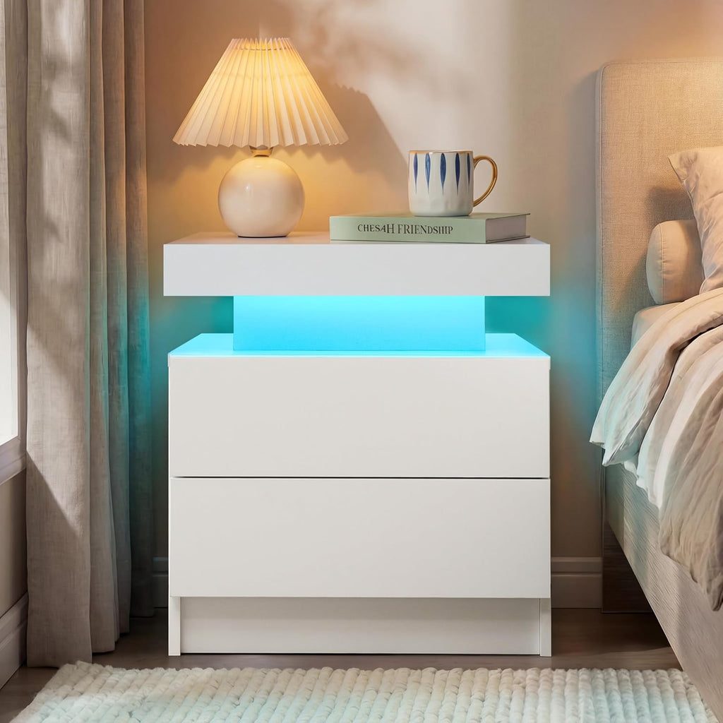 Nightstands Set of 2,LED Night Stand Set 2,Bedside Table with Wood Drawers,Modern End Side Table ,White