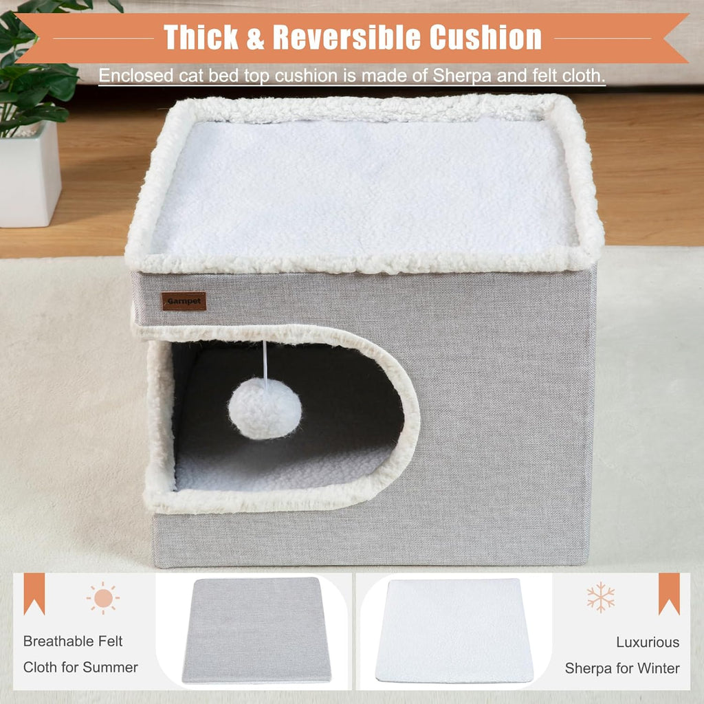 Cat Bed for Indoor Cats Cube House, Covered Cat Cave Beds & Furniture with Scratch Pad and Hideaway Tent