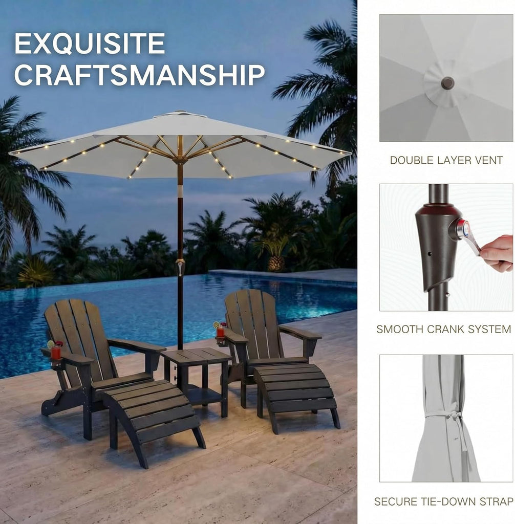 10FT Outdoor Patio Umbrella with Solar Lights, Market Table Umbrella with Push Button Tilt & Crank, 8 Sturdy Ribs