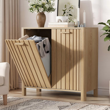 Double Tilt Out Laundry Hamper Cabinet, 11.8 Gallon Gradien Fluted Hidden Trash Cabinets with 2 Baskets Kitchen &