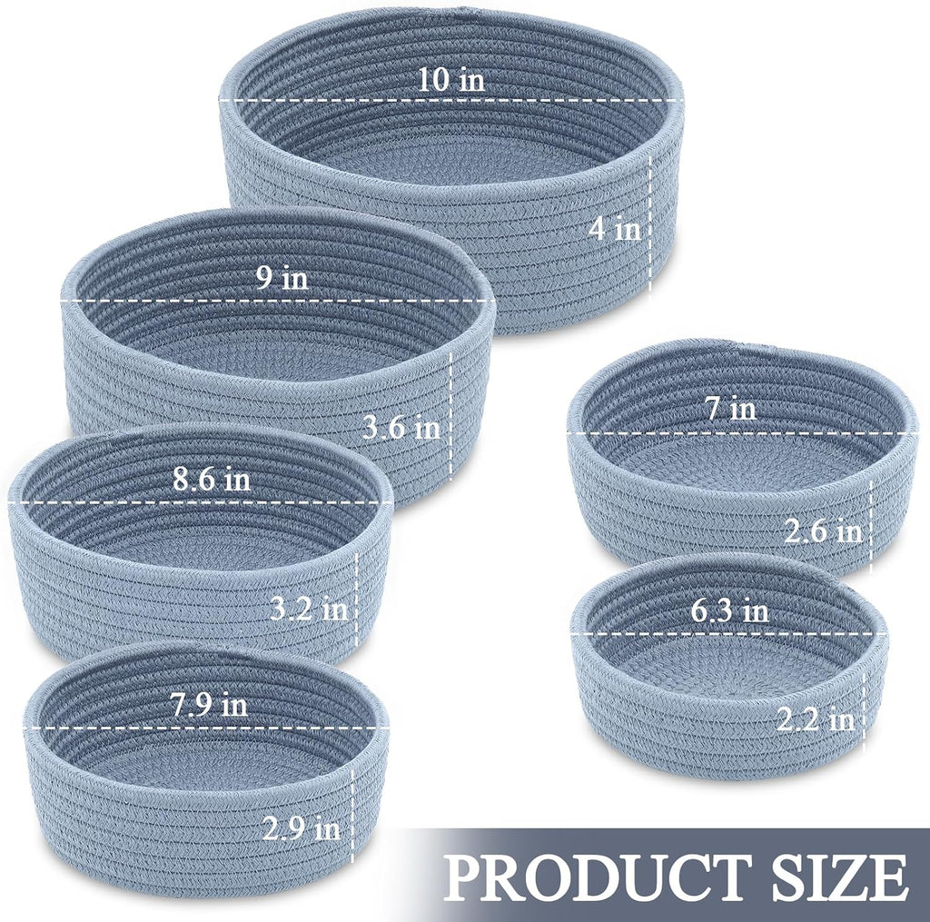 Small Shelf Storage Baskets for Organizing, 6 Pack Round Cotton Rope Bins, Decorative and Cute Woven Baskets and
