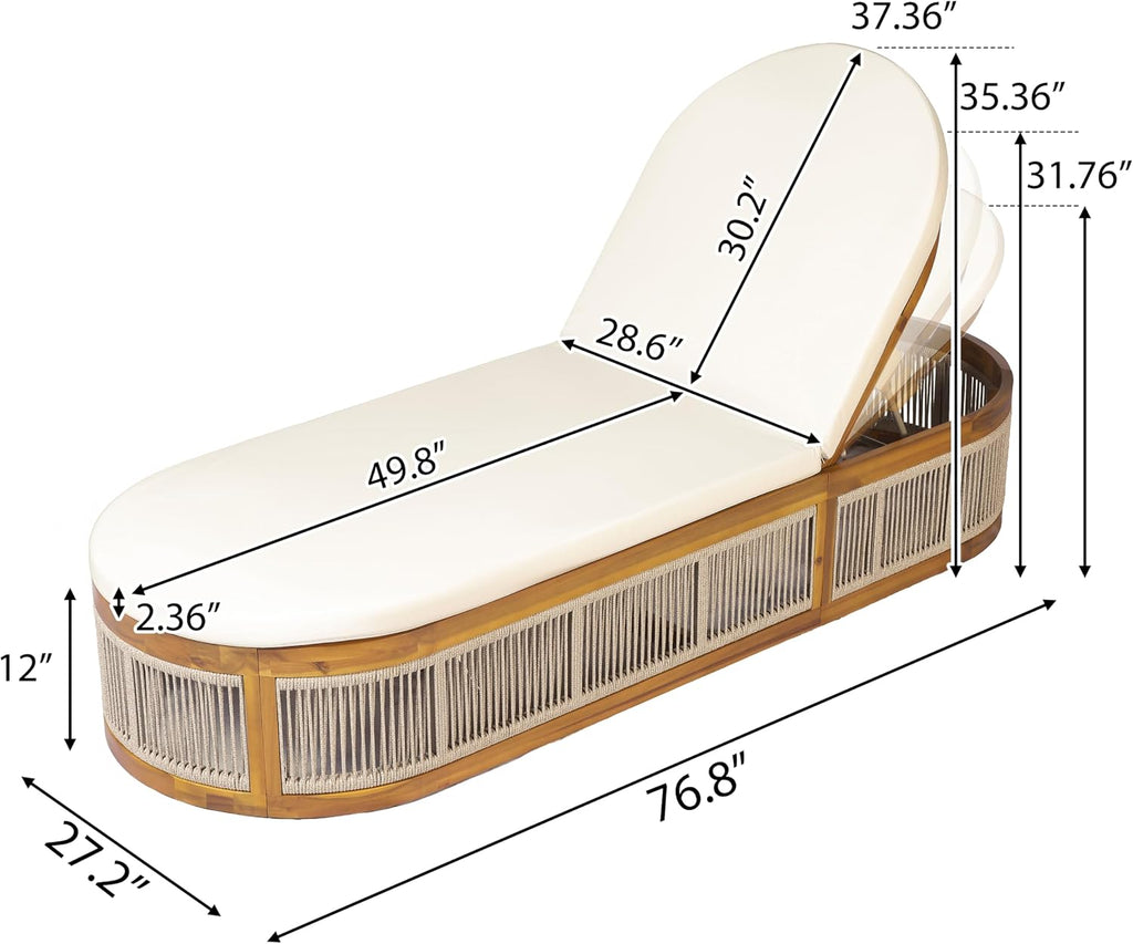 Teak Finish Acacia Wood Chaise Lounge with Cream Cushion, 3-Position Adjustable Outdoor Patio Poolside Lounger