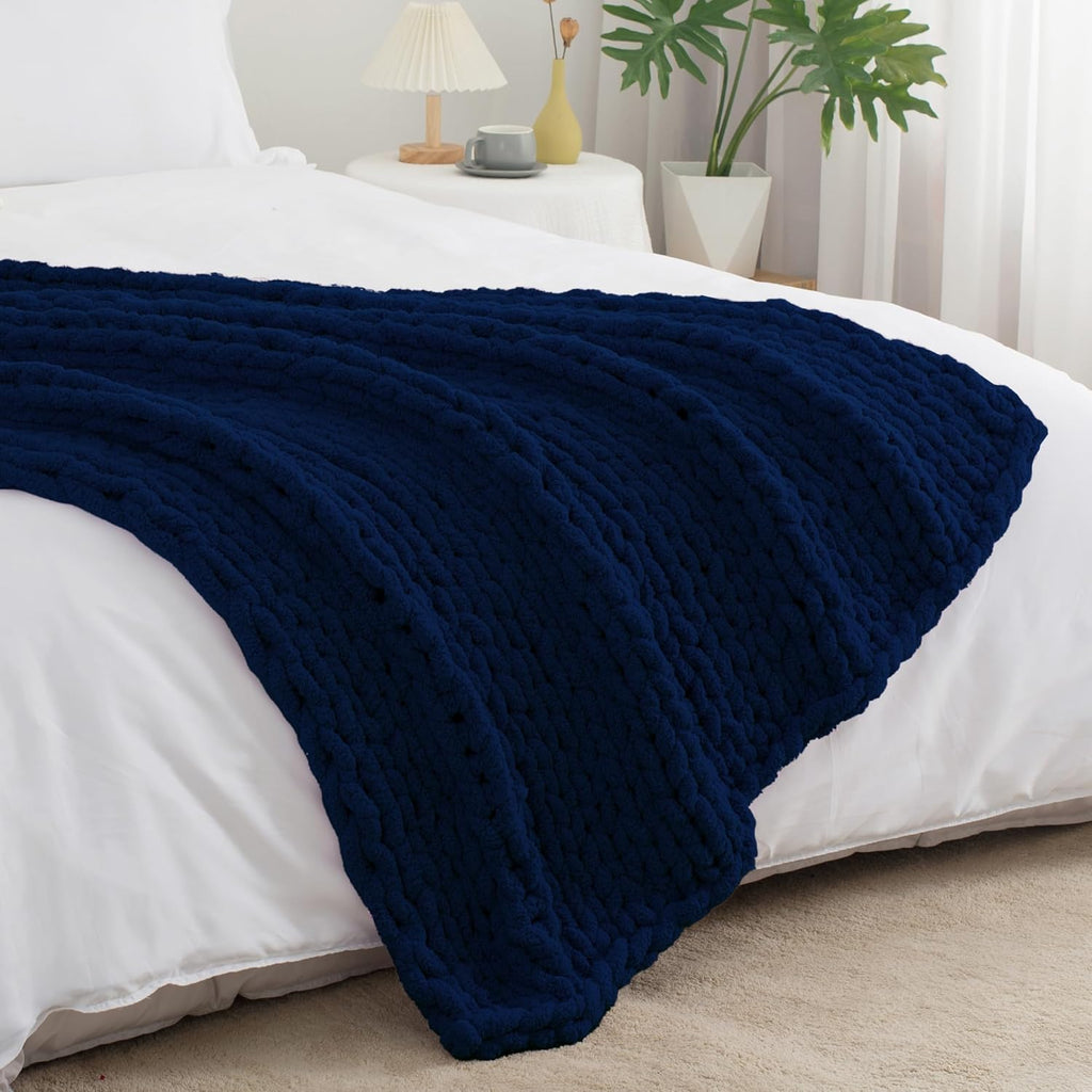 Chunky Knit Throw Blanket 50"X 60", 100% Handmade with Soft Chenille Yarn, 4.4lbs Thick Cable Knitted Blankets, Large