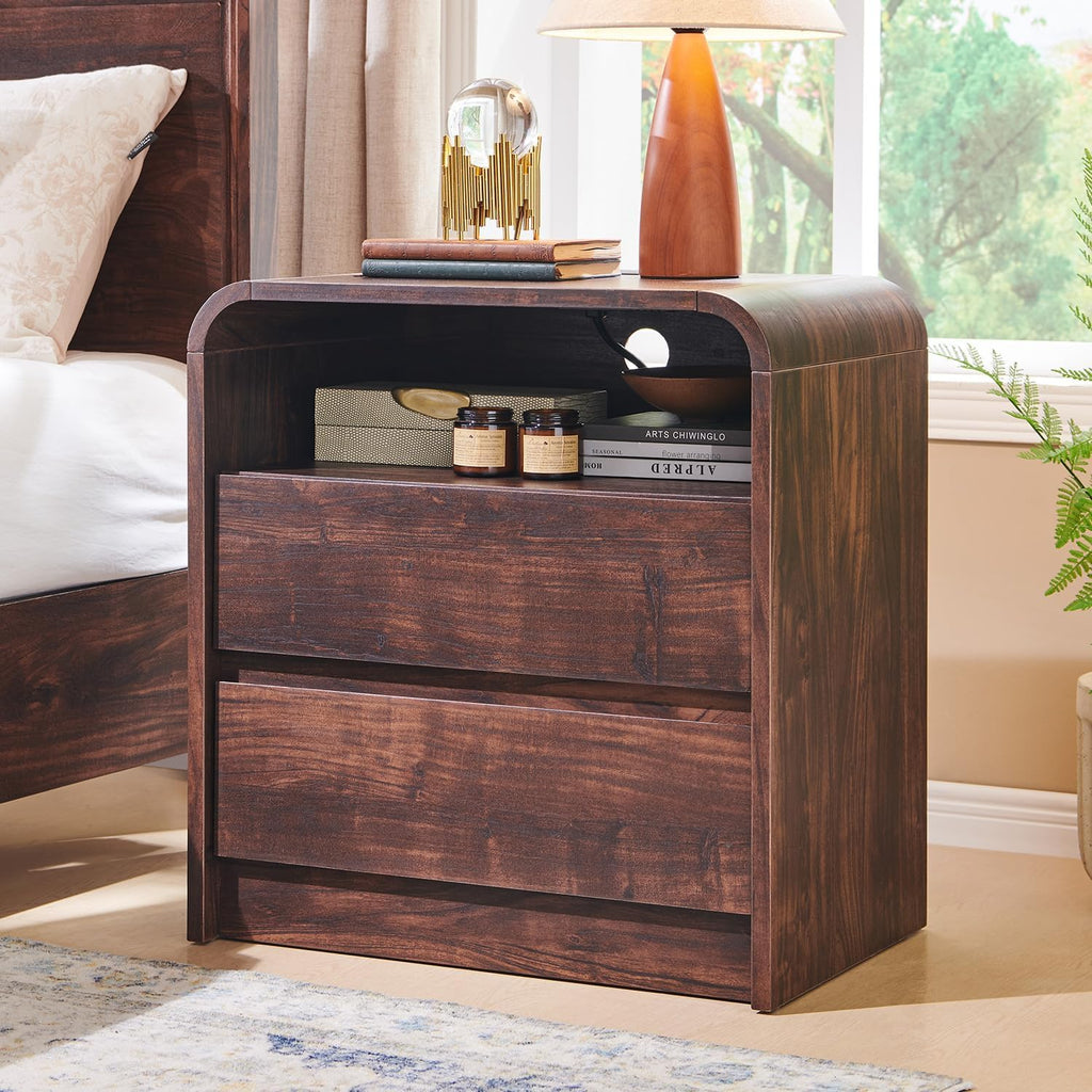 25" Tall Modern Nightstand with Charging Station, 23.6'' Wide Wood Bedside Table w/2 Storage Drawers, Large Mid