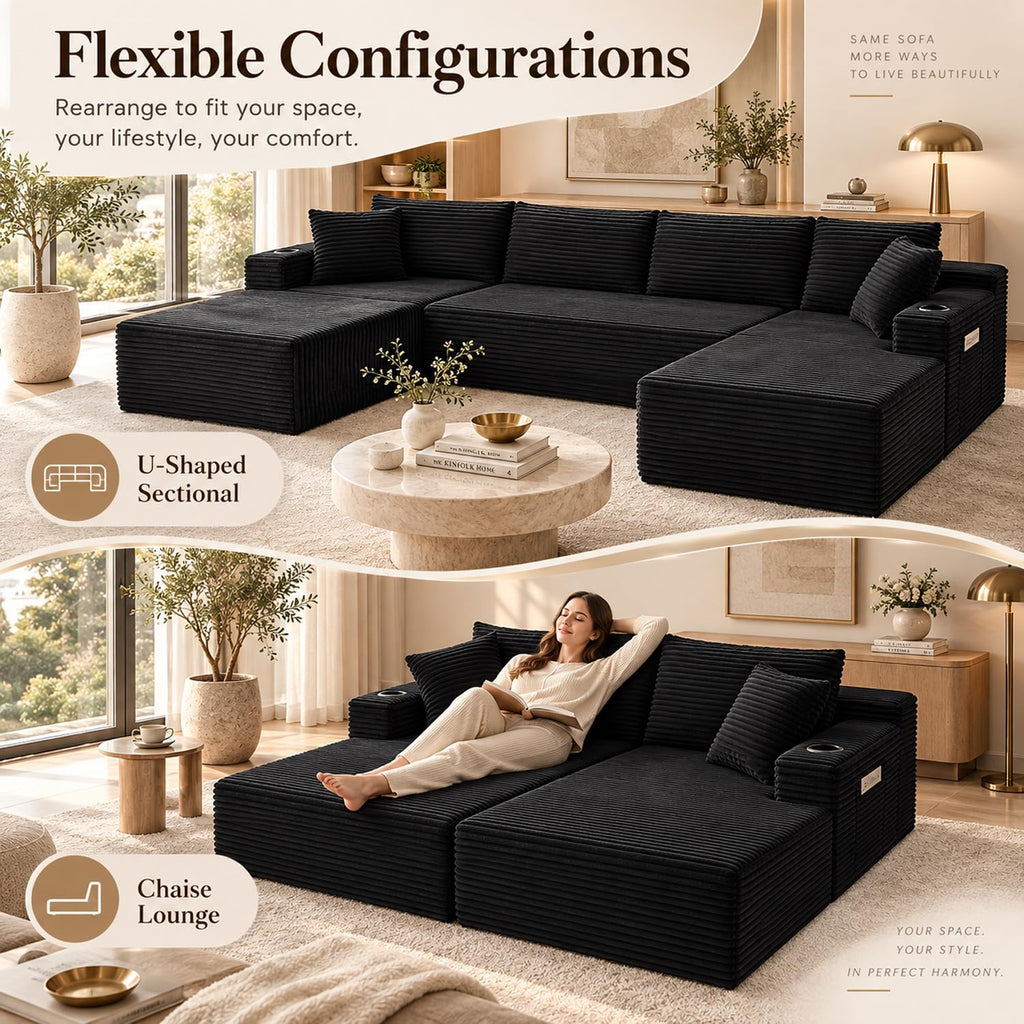 134" Boneless Couch, U-Shaped Modular Sectional Sofa, Beige