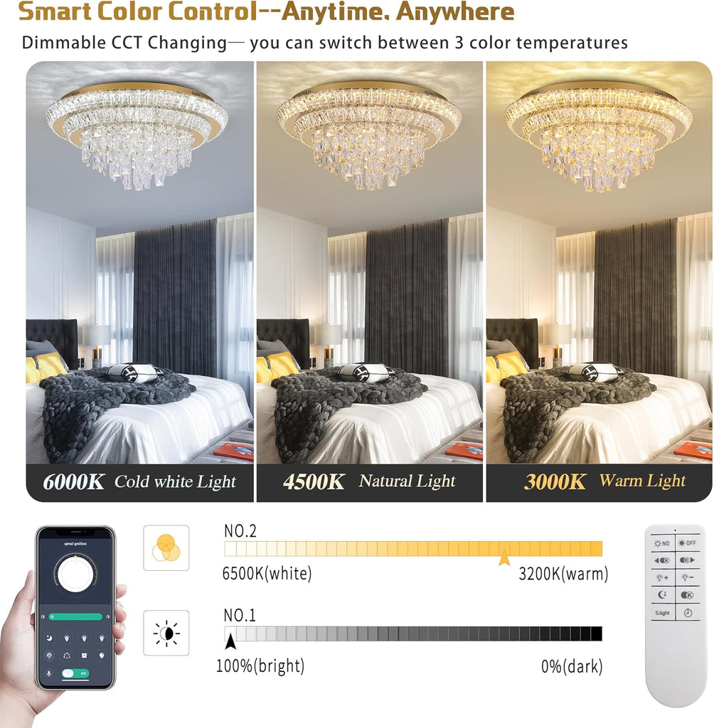 24 inch Crystal Gold Ceiling-Light Flush Mount With Remote Control and APP | 3CCT Dimmable & Brightness Adjustable
