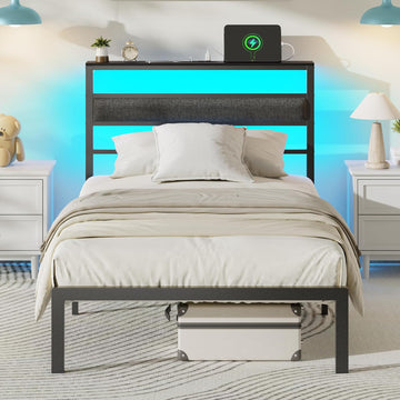 Twin Bed Frames for Kids, Upholstered Headboard and Storage Shelf | led lights, under-bed storage, no box spring