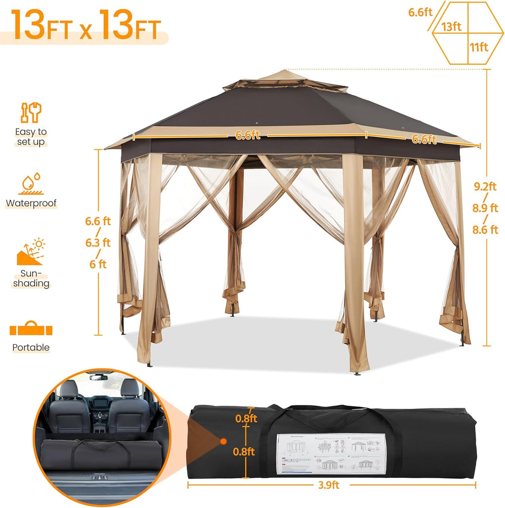 13x13 Pop up Gazebo, Hexagonal Outdoor Canopy Shelter