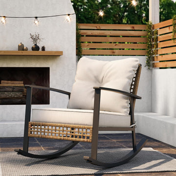 Outdoor Wicker Rocking Chair, Oversized Patio Chair Comfy Rocker Chair with Thick Cushion, Modern Cozy Lounge Chair