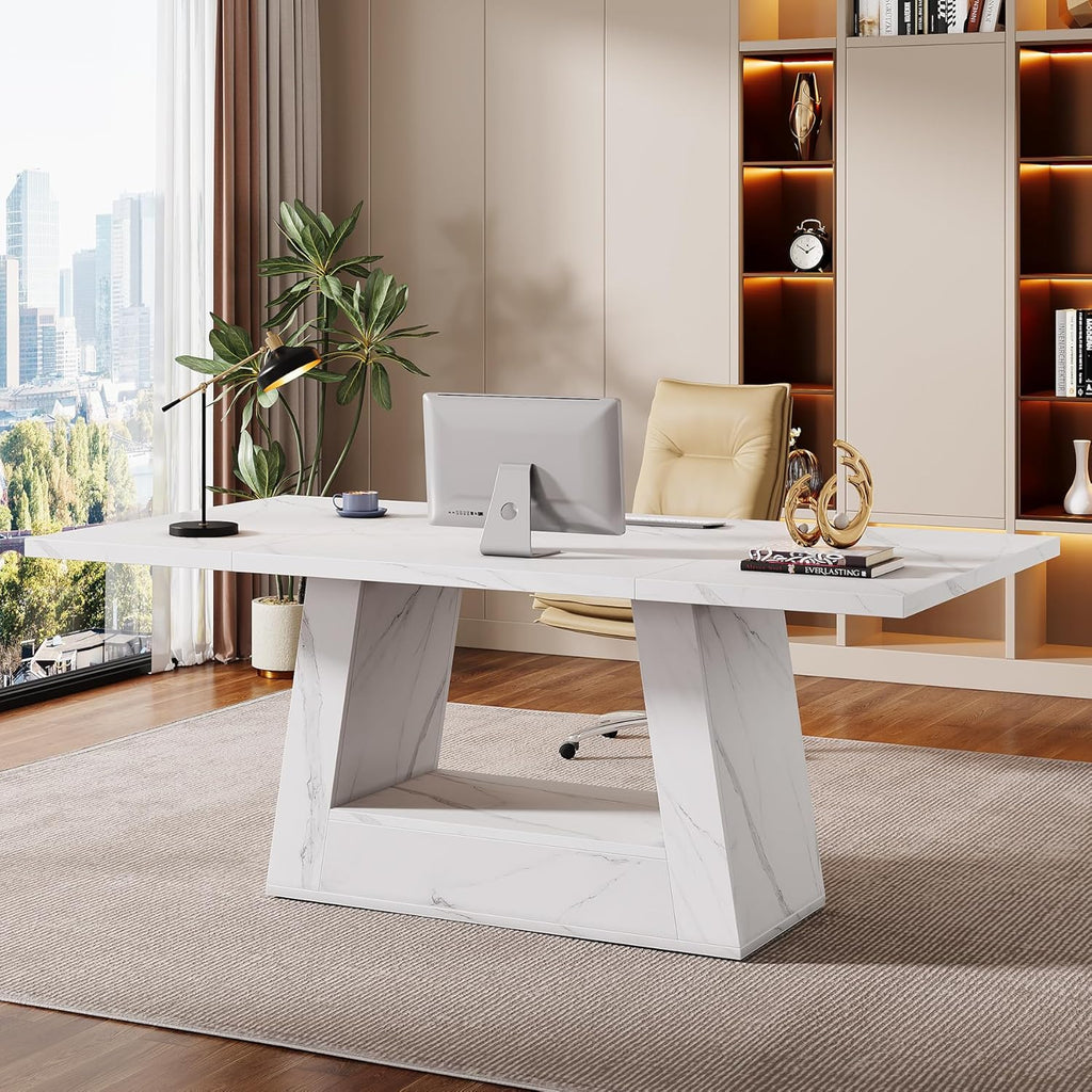 Modern Computer Desk, 63-Inch Large Office Desk Workstation, Simple Style Executive Desk Study Table with Sturdy Base