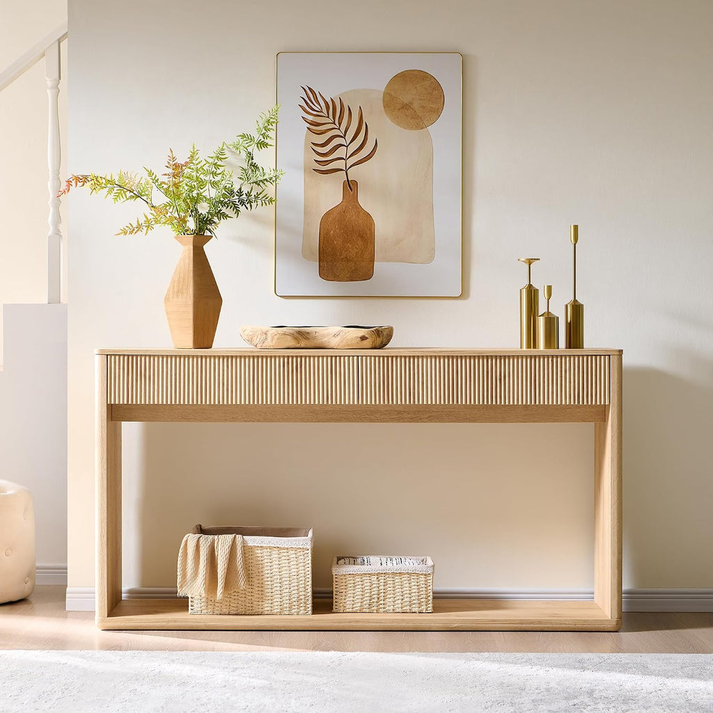 63" Fluted Console Table , Modern Entryway Table with 2 Large Drawers, Long Sofa Table Behind Couch , Couch