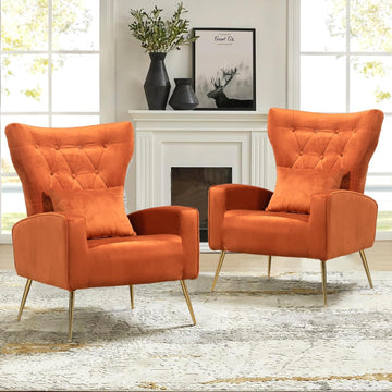 Mid-Century Accent Chairs Set of 2, Wingback Chair with Arm & Gold Legs, Living Room Bedroom Side Chair with Lumbar