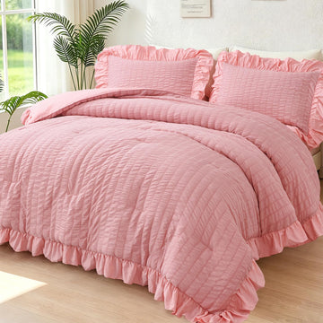 5 Pieces Pink Comforter Set Ruffle Bedding Set Seersucker Bed in A Bag Ultra Soft Ruffled Bed Sets with
