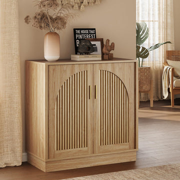 31.5" Fluted Sideboard Cabinet with Arched Doors, Buffet Cabinet, Light Oak