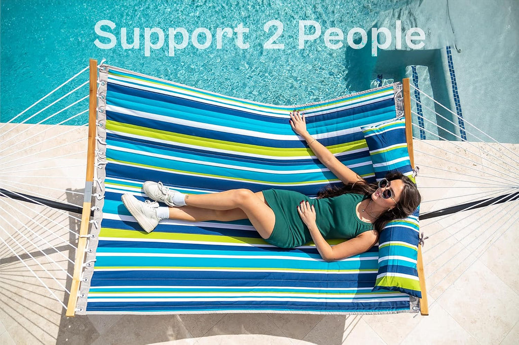 Hammock with Stand, 2 Person Heavy Duty Hammock with Padded Cotton, Detachable Pillow & Strong Curved-Bar & Portable