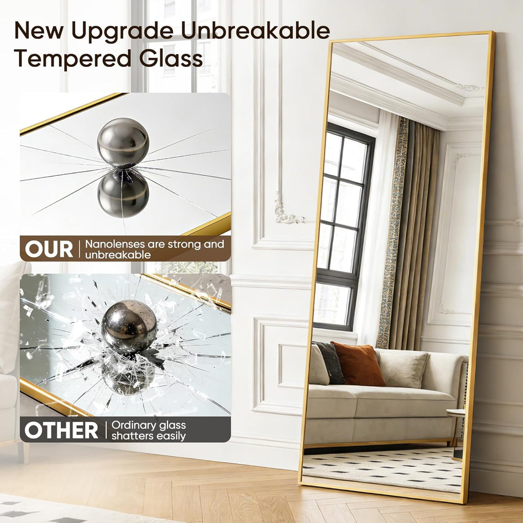 Full Length Mirror, 58"x21" Floor Mirror with Stand, Hanging Mounted Mirrors , Cloakroom, Dining Room, Gold, Rect
