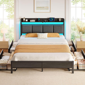 Bed Frame Full with Charging Station and LED Lights, Upholstered Storage Headboard with Drawers