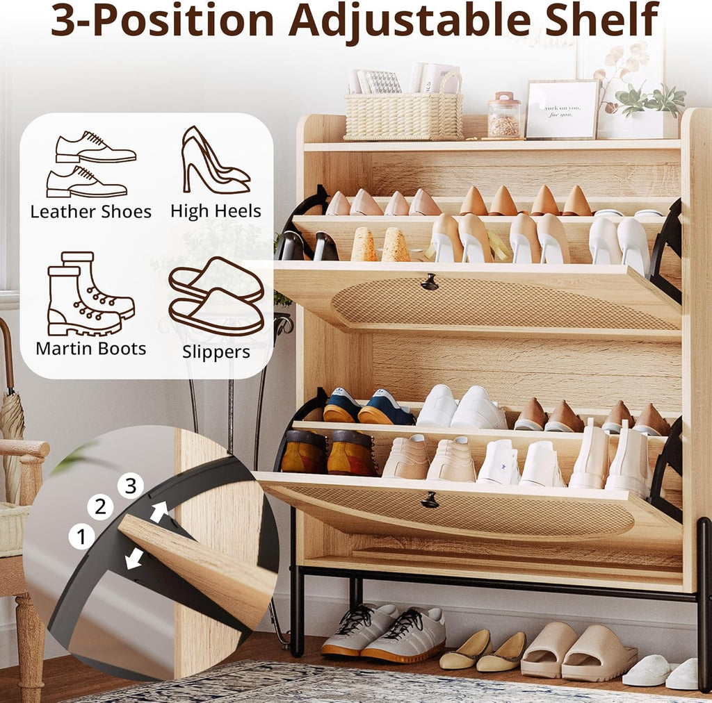Shoe Cabinet Storage with 2 Flip Drawers, Free Standing Wooden Shoe Storage Organizer Cabinet with Rattan Doors
