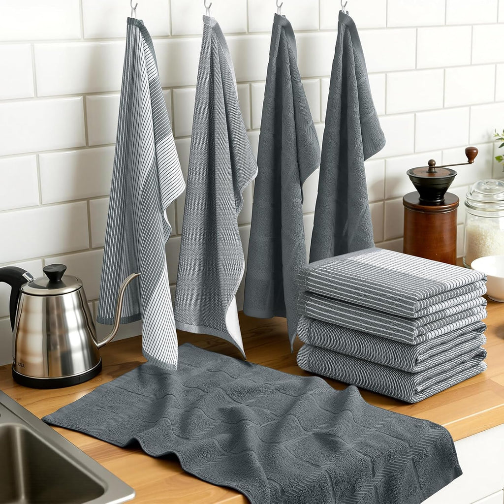 6 Pack Cotton Terry Premium Kitchen Towels, 18 x 28 in, Grey | Large 380 GSM Dish Towels, Highly Absorben Flat &