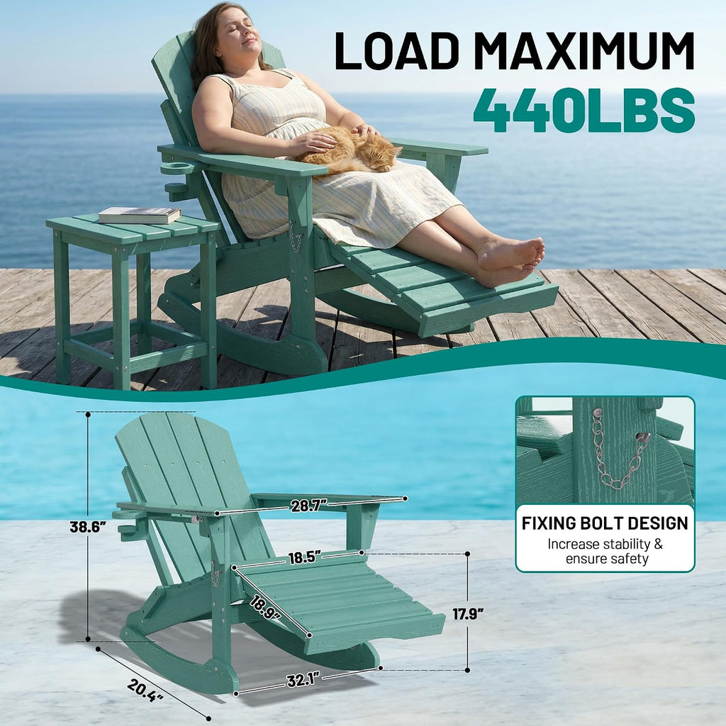 Folding Adirondack Rocking Chair with Retractable Ottoman, Aruba | Weather Resistant, Wood-Grain, 2-Sided Cup