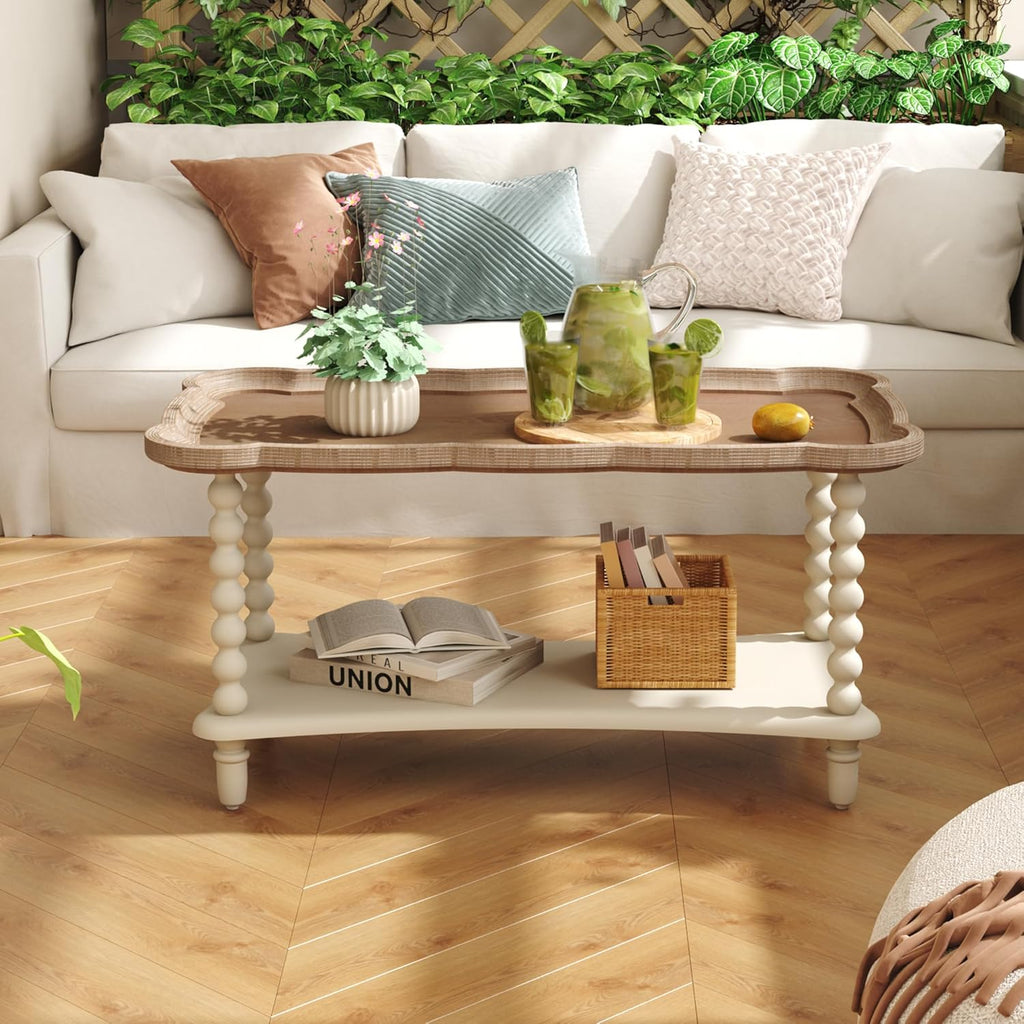Farmhouse Coffee Table, Rustic White French Country Center Table with Storage Shelf, Wood Coffee Tables Dining Room