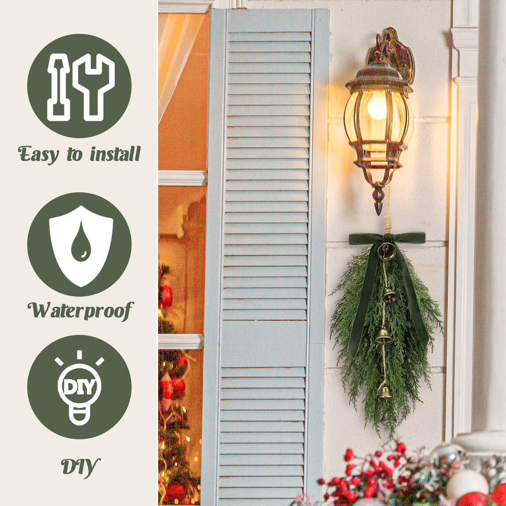 2 Pack Christmas Cedar Teardrop Swag Velvet Bow Bells, Green