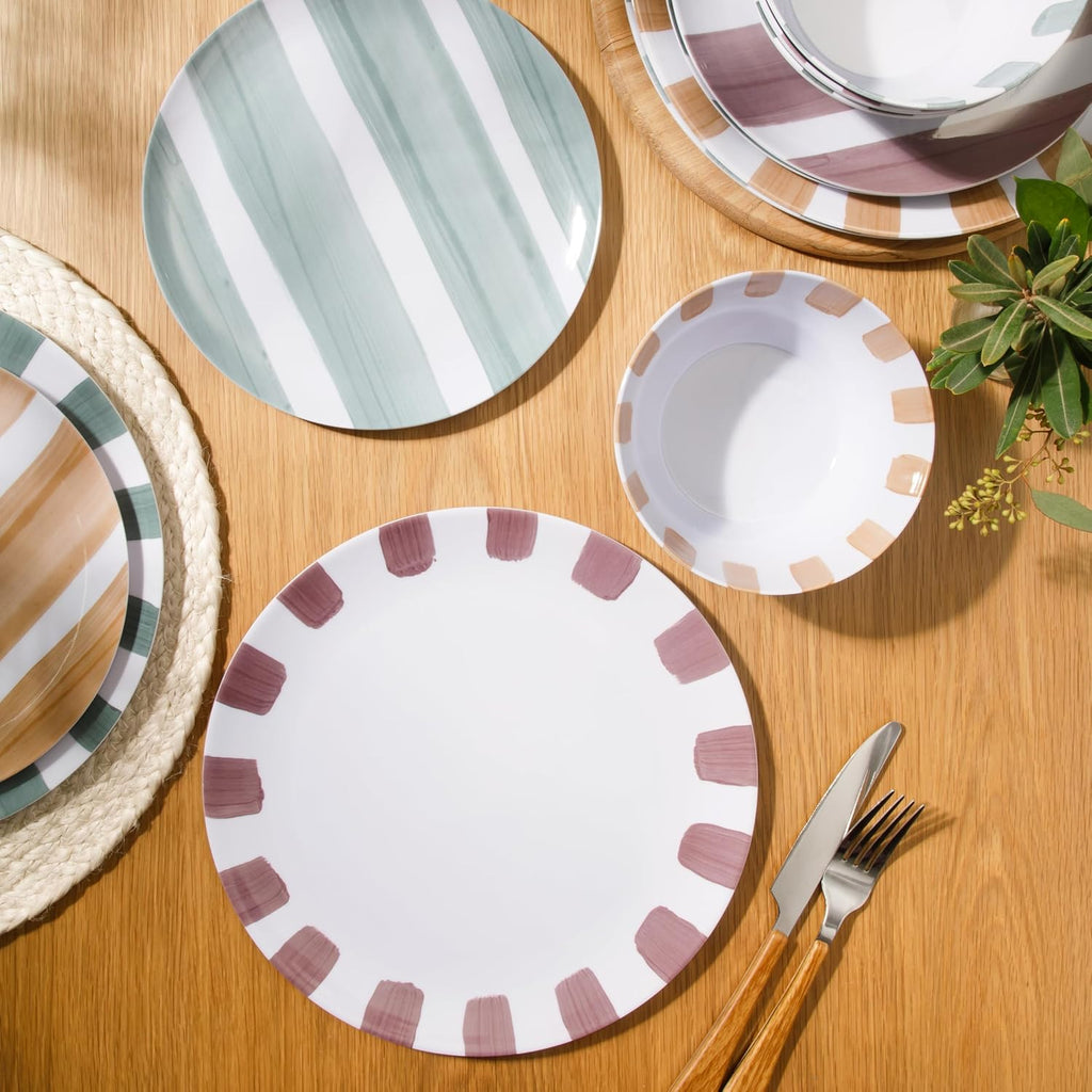 Cottage Stripes 12-Piece Melamine Plates and Bowls Dinnerware Set - Outdoor, Camping, & Everyday Use - Assorted Colors