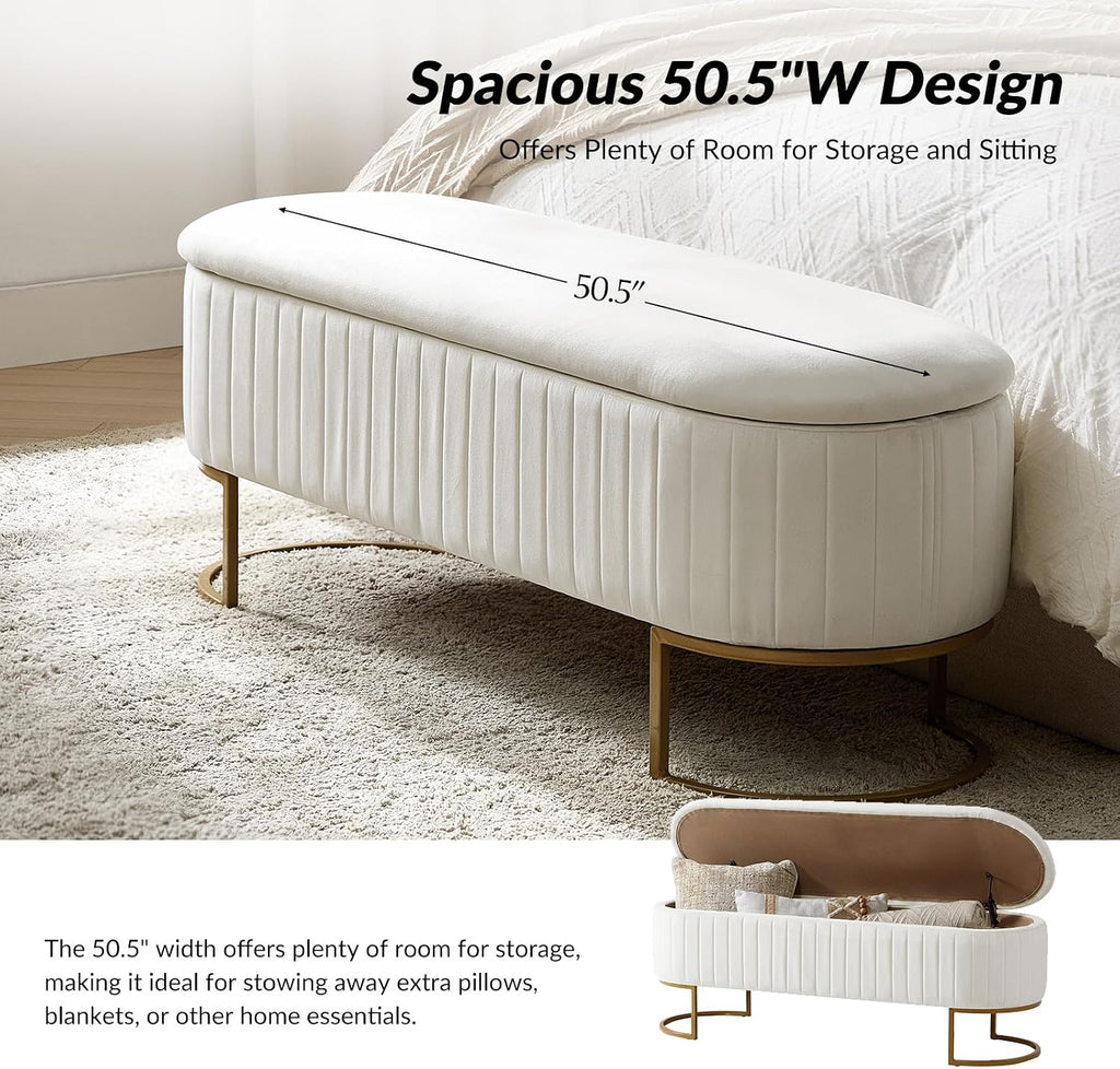 50.5" Velvet Storage Ottoman Bench with Gold-Toned Legs, Luxury Upholstered End of Bed Multi-Functional Footrest &