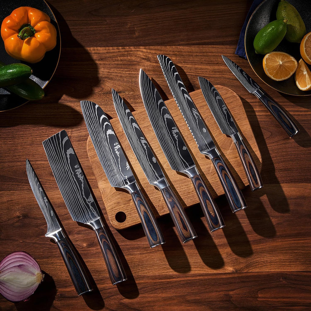 8-piece Premium Japanese Kitchen Knife Set with Laser Damascus Pattern - Imperial Collection - Chef's Knife, Santoku
