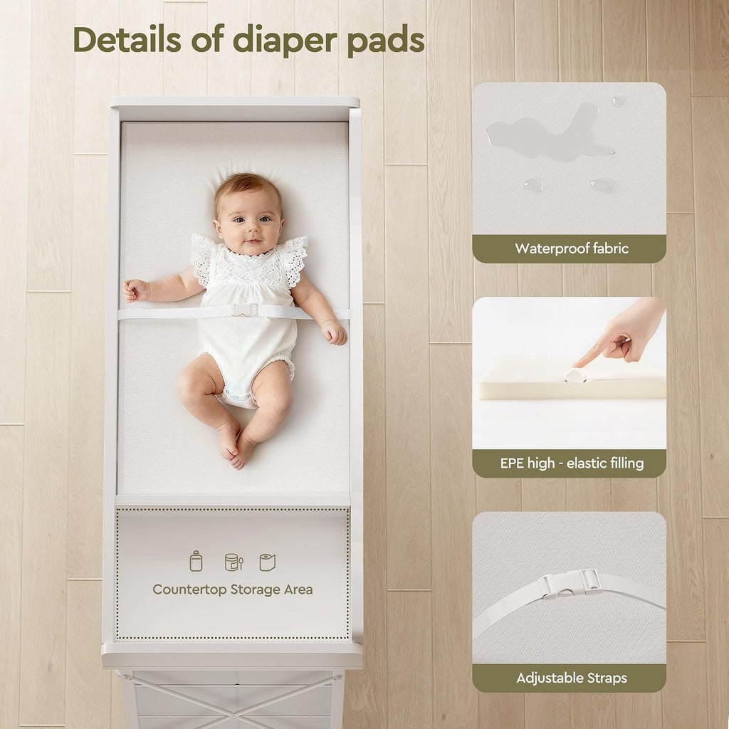 Changing Table, 6-Drawer Dresser, Adjustable Shelves, Mobile, White | Changing Table,Waterproof Diaper pad & Safety