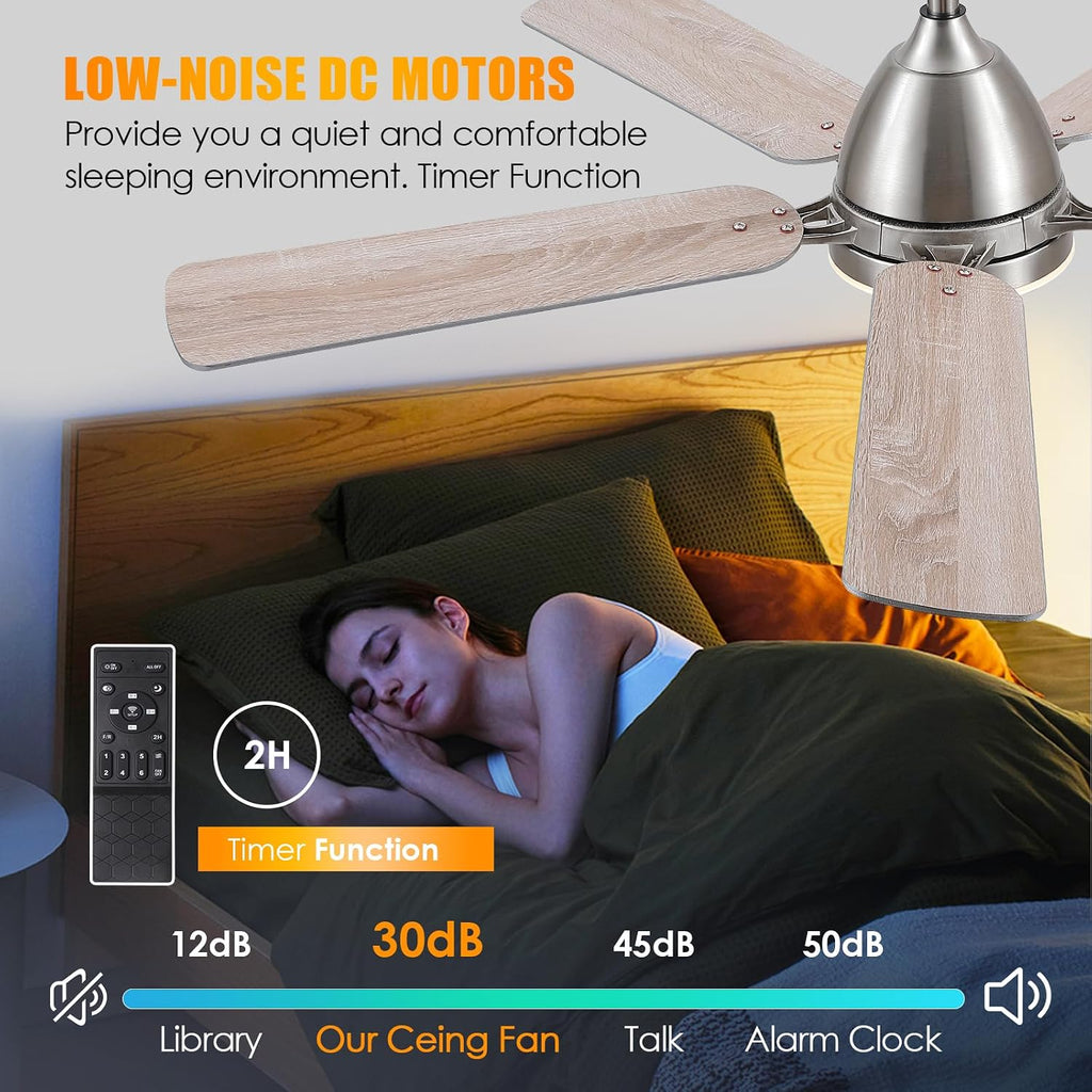 Ceiling Fans with Lights, 52 Inch Low Profile Ceiling Fan with Light and Remote Control,Reversible, 3CCT, Dimmable, Quiet, Brushed Nickel Ceiling Fan for Bedroom Indoor/Outdoor Use
