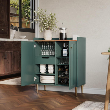 Modern 32 inch Wide Coffee Bar Cabinet with Wine Storage, Liquor Cabinet with Glass Holder & Grid Rack, Fluted