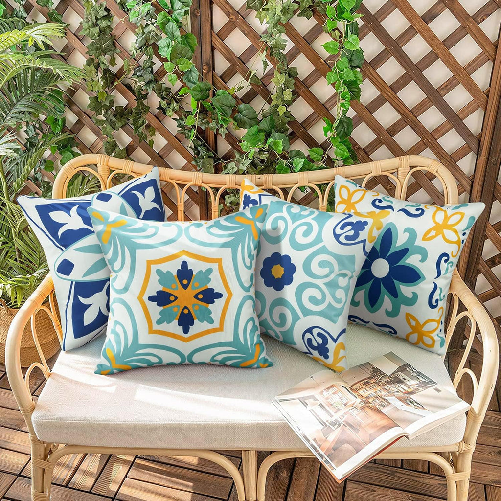 Outdoor Waterproof Throw Pillow Covers Set of 4 Floral Printed and Boho Farmhouse Summer Outdoor Pillow Covers