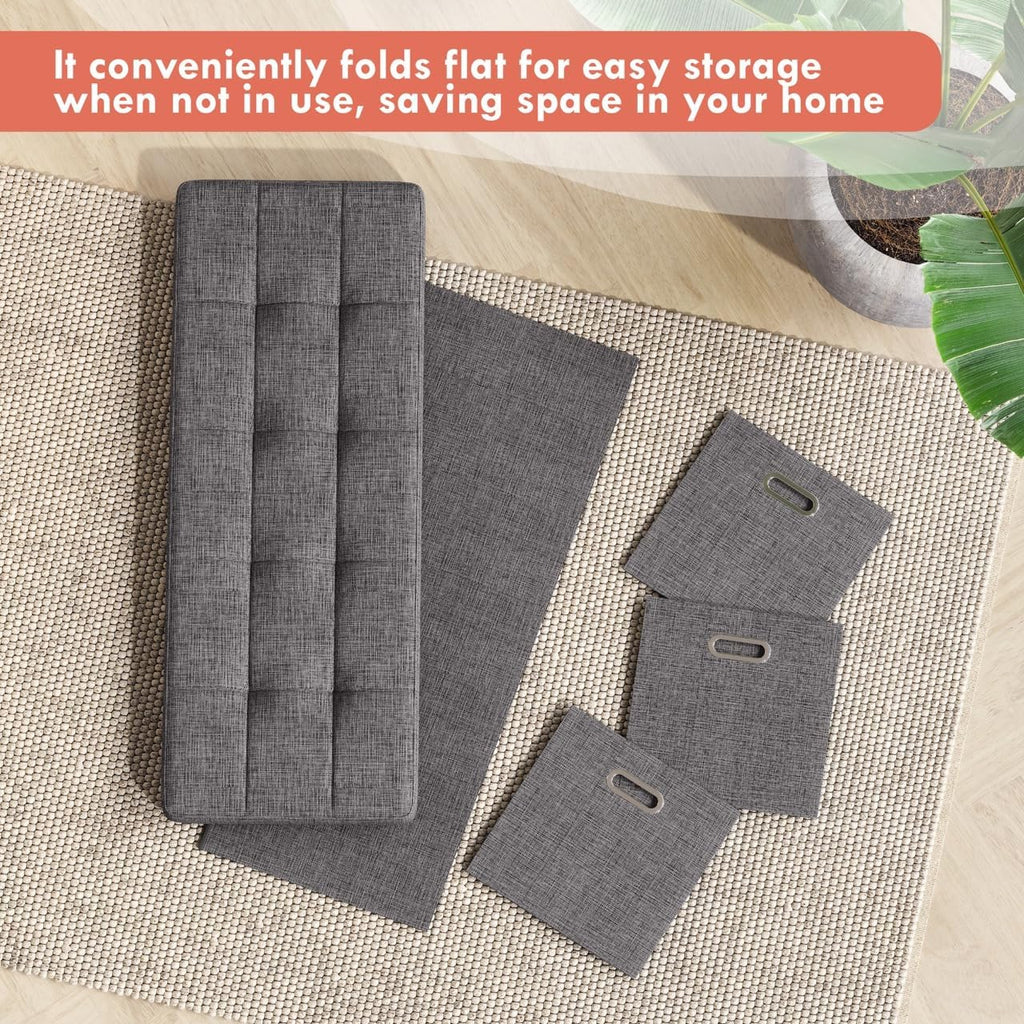 40 Inch Storage Ottoman with 3 Drawers, Tufted Linen, Dark Gray | Foldable Large Bench Design; Foot Rest Stool Seat;