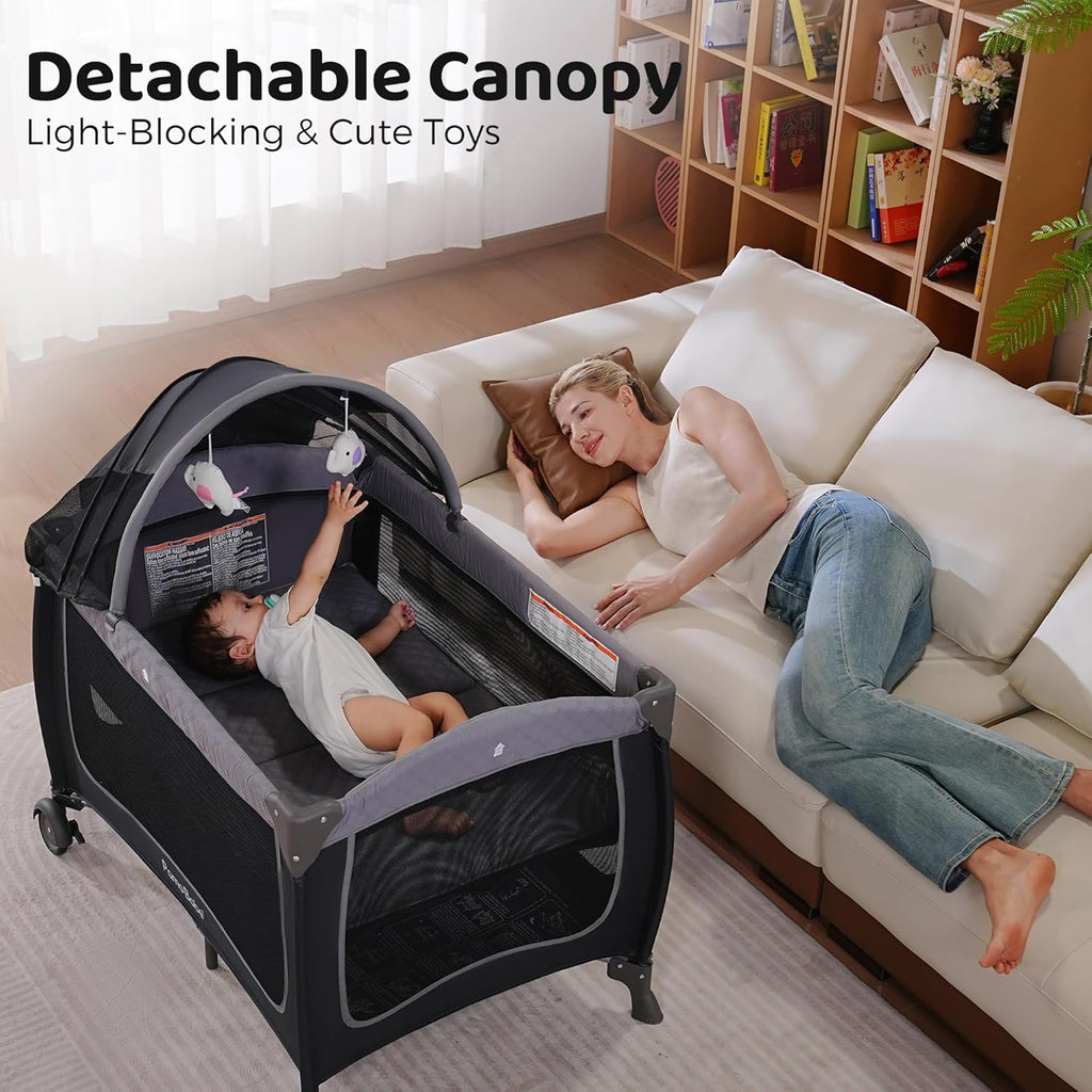 Playard with Canopy, Portable Crib with Changing Table