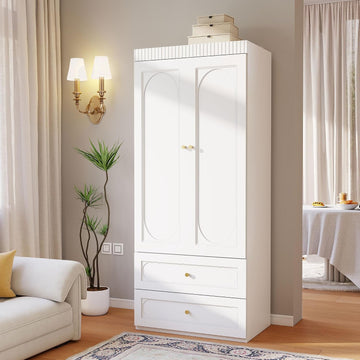 Wooden Wardrobe Closet with Doors: 75" Tall White Armoire Wardrobe Closet with 2 Drawers and 2 Doors, Modern Clothes