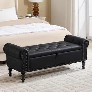 Storage Bench , 51" Upholstered End of Bed Bench, Faux Leather Queen Size Benches with Rolled Arms, Tufted Button