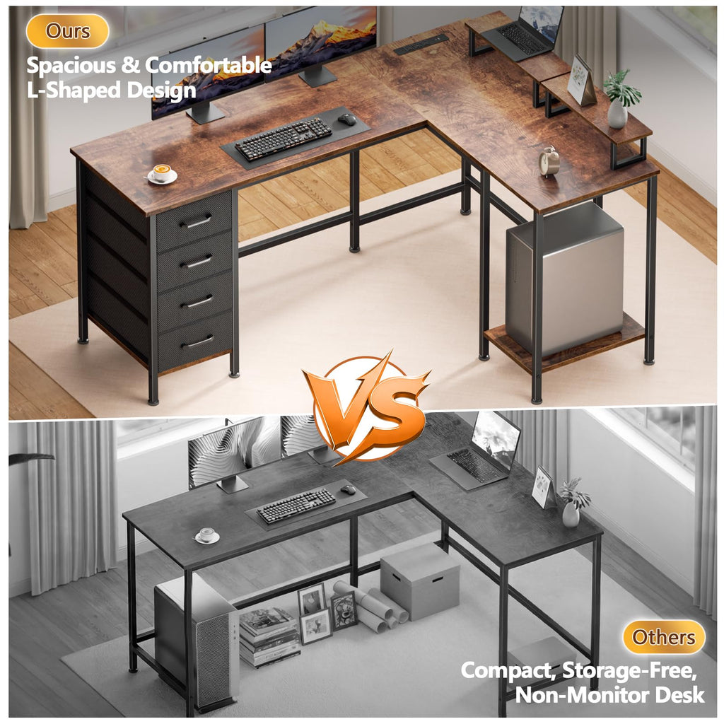 59 inch L Shaped Computer Desk with Power Outlets, Rustic Brown