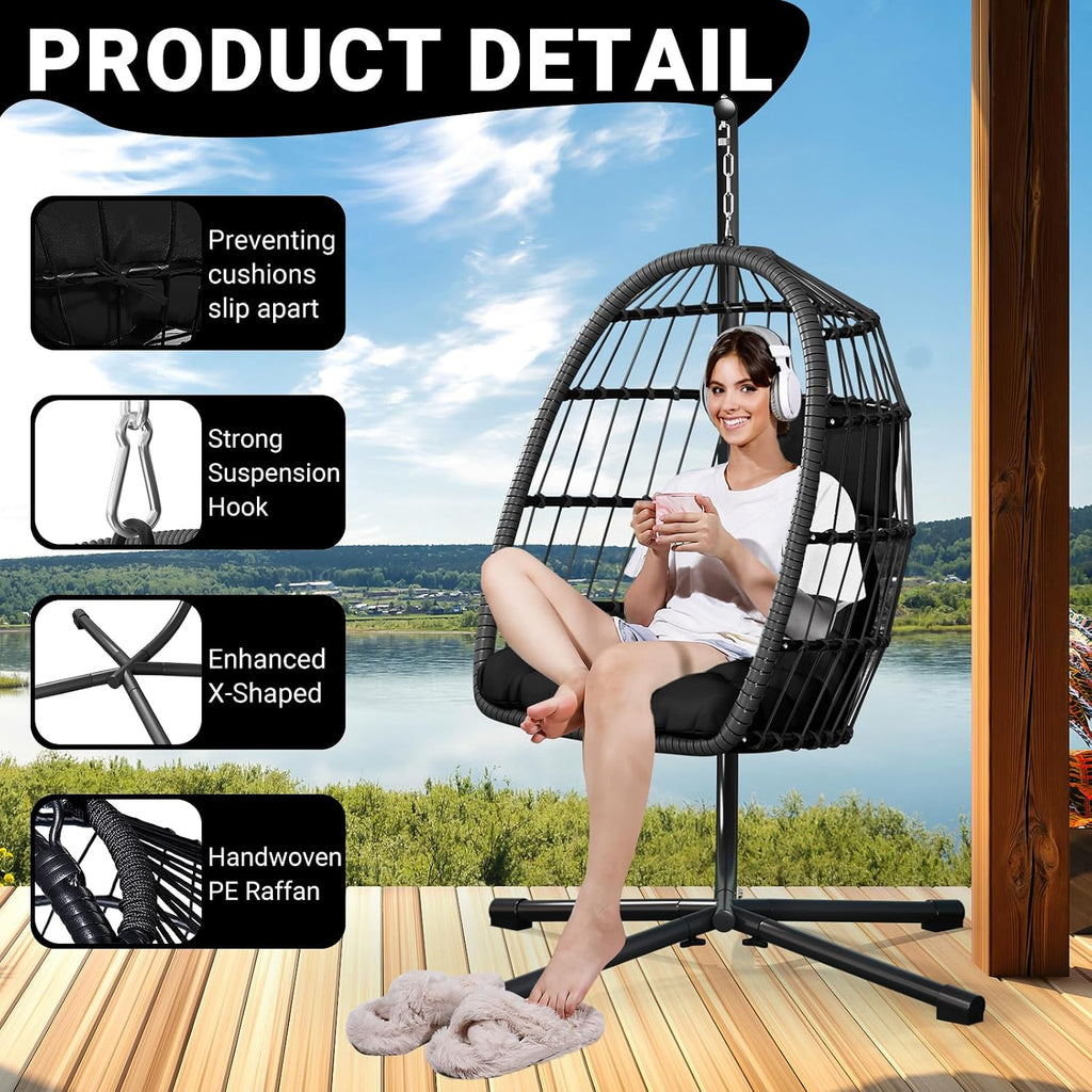 Egg Chair with Stand,Patio Rattan Wicker Hanging Hammock Chair Porch Garden,Thickened Aluminum Alloy Steel Frame and
